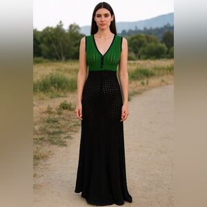 The‎ Third Eye Green and Black Crochet Open Knit Colorblock Unique Maxi Dress, 1